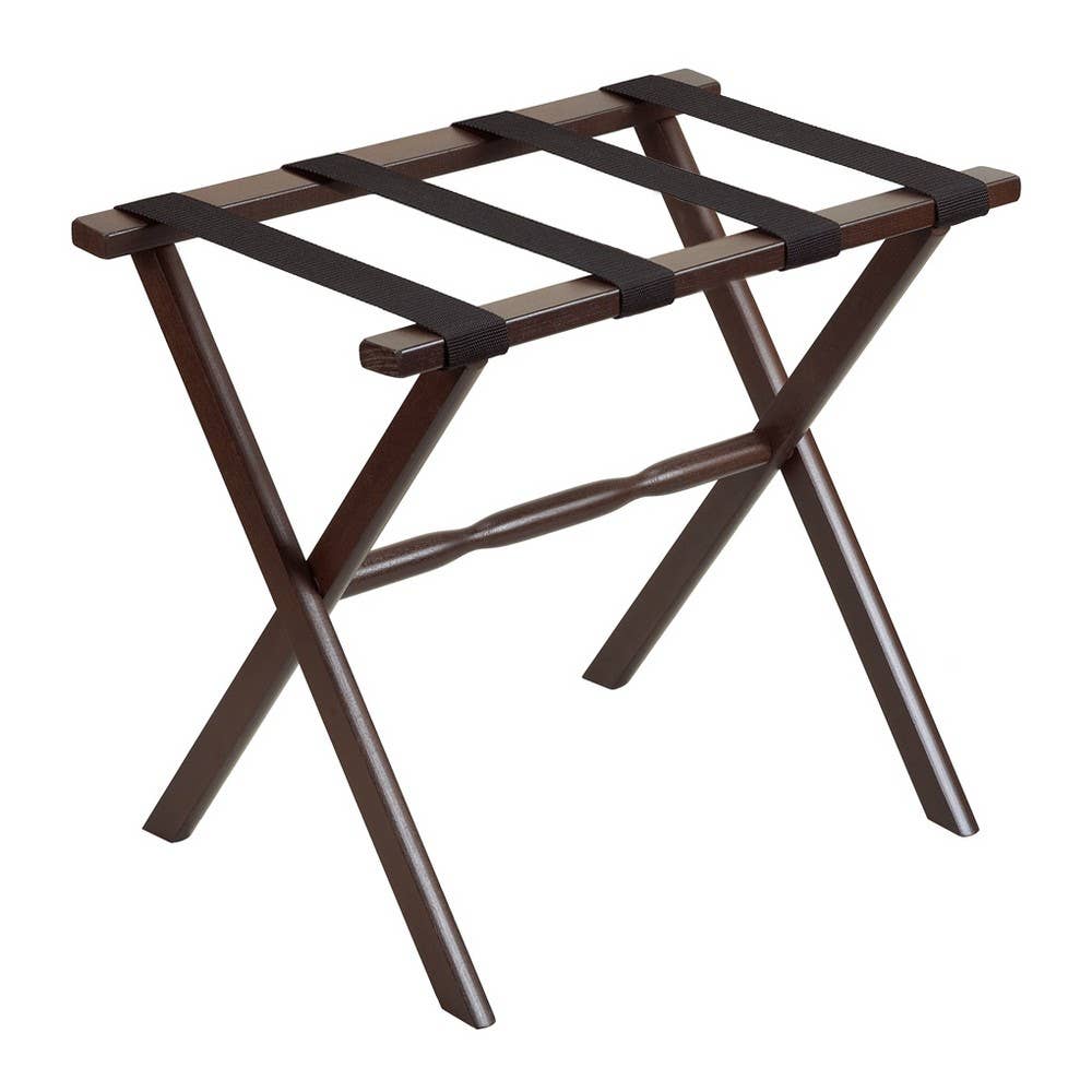 Dark Walnut Wood Folding Luggage Rack with Black Straps