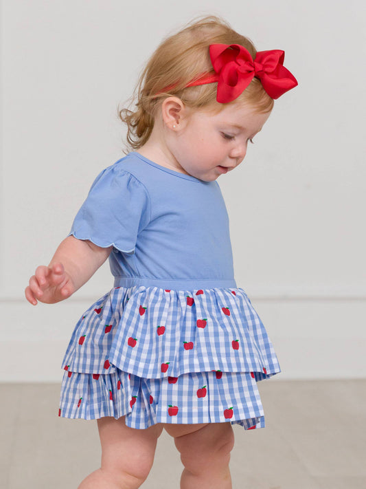 Baby Girls Apple Orchard Classic Gingham Short Sleeve Skirted Romper: Blue / 12-18m