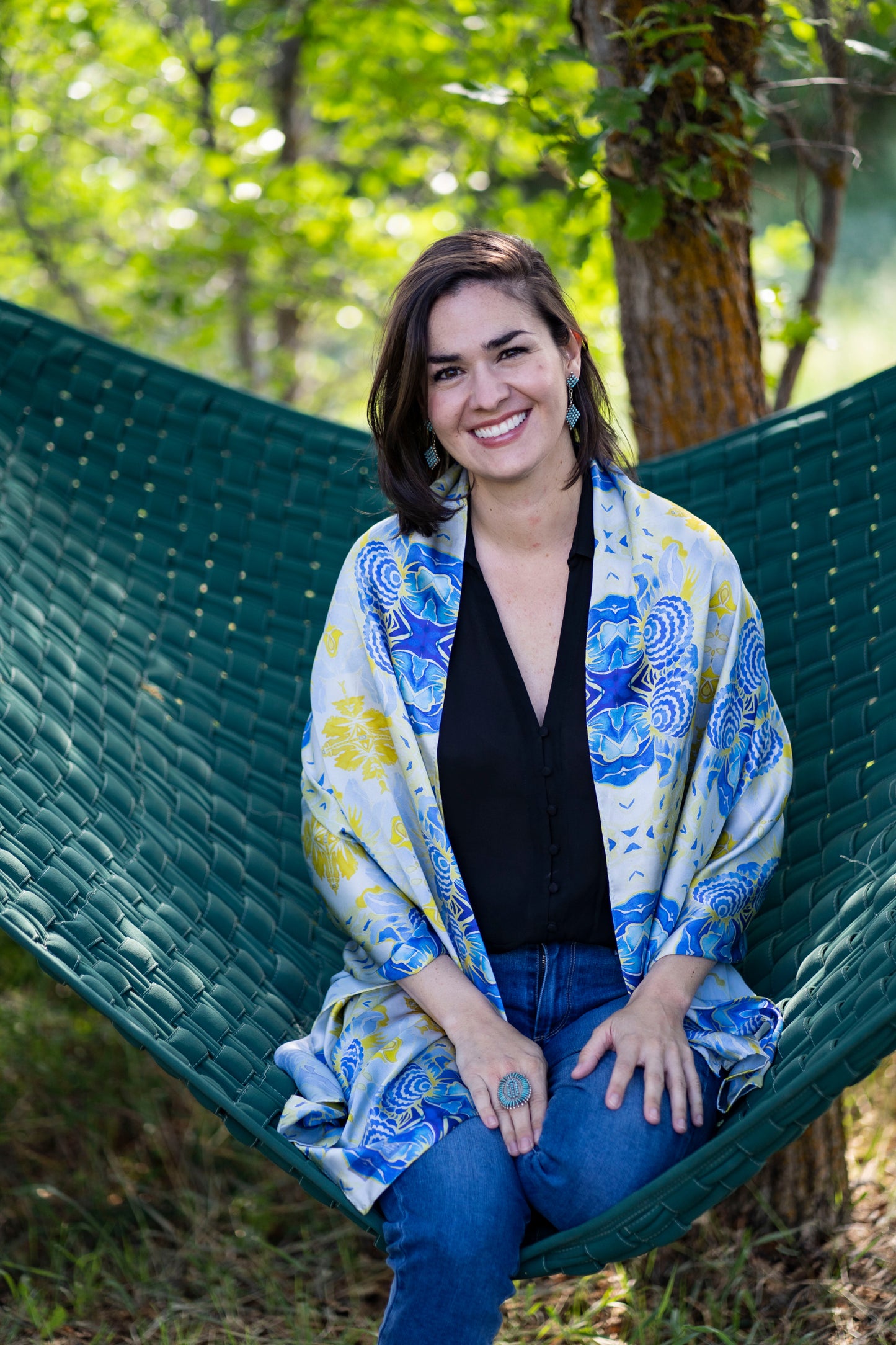 Blue Flower Kaleidoscope Italian Silk Scarf - Edwina Alexis
