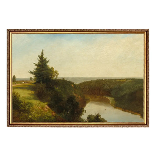 River View Scenic Landscape Oil Painting Print on Canvas in Thin Gold Frame - Edwina Alexis